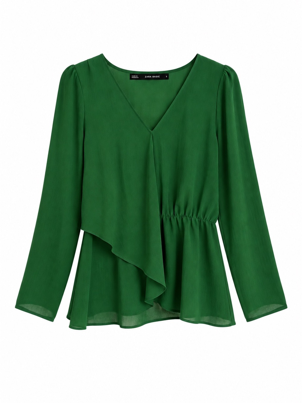 Zara Basic Green Draped Blouse Small V Neck Long Sleeve Asymmetrical Top